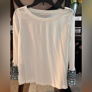 LOFT Cream Blouse with Blue Patterned Sleeves. New!